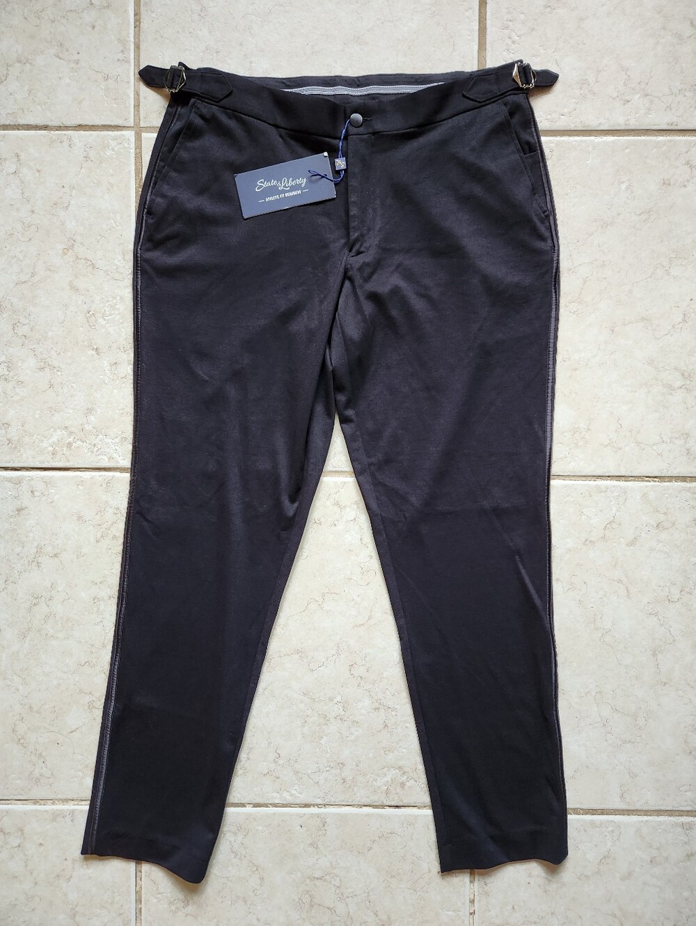 NWT State & Liberty Athletic Fit Stretch Tuxedo Pants Black 38 Side Buckles